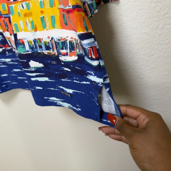 Jones‎ New York Women Novelty Top Large Blue Split Neck Greece Rivier 3/4 Sleeve - Picture 6 of 9